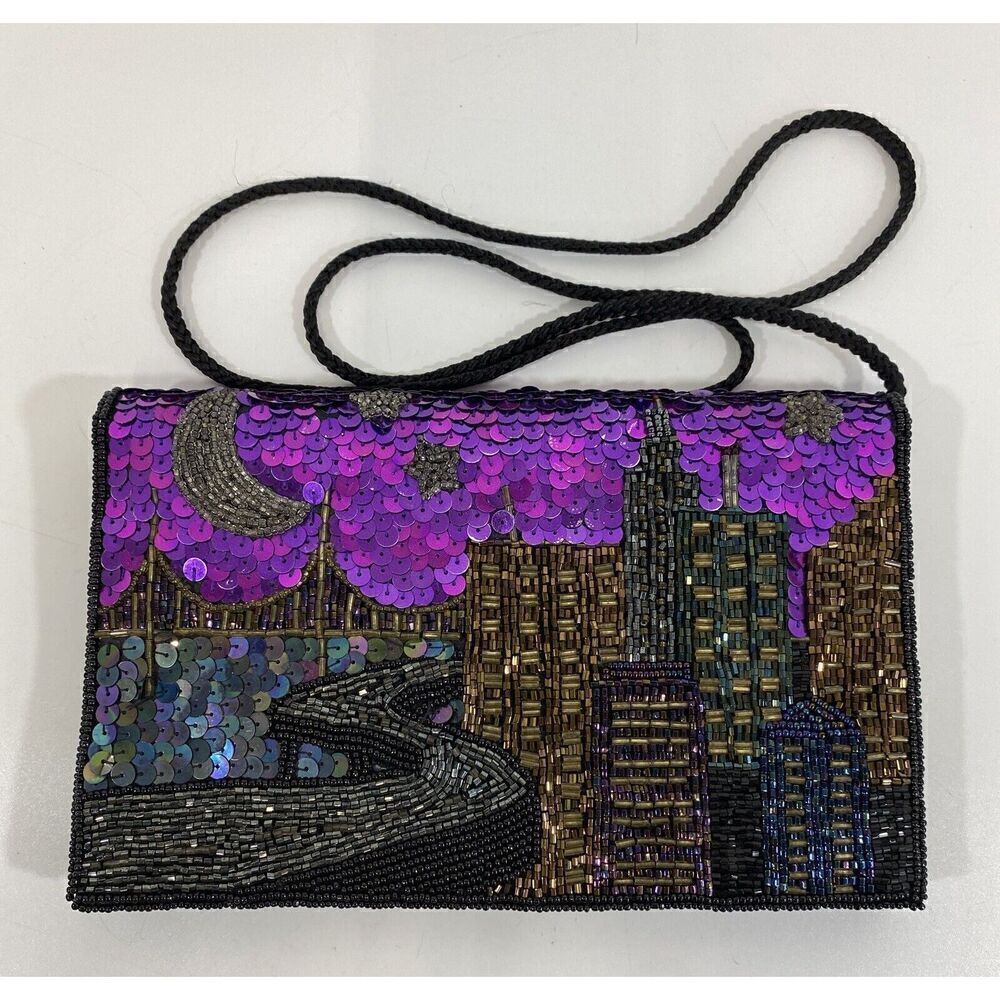 Vtg Formal Clutch Purse Beaded Wearable Art 90s Purple Black City Night Scene